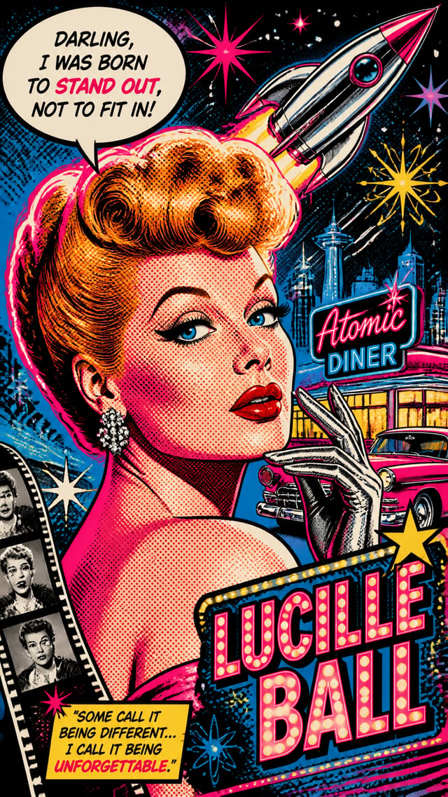 Transform this 1950s Hollywood silver-screen legend into a visually electrifying pop-art masterpiece