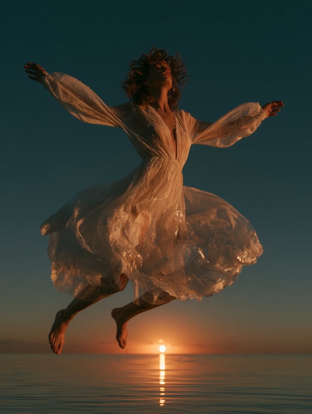 woman soaring in mid air during sunset, in the style of feminine body, low-angle shots, light navy a