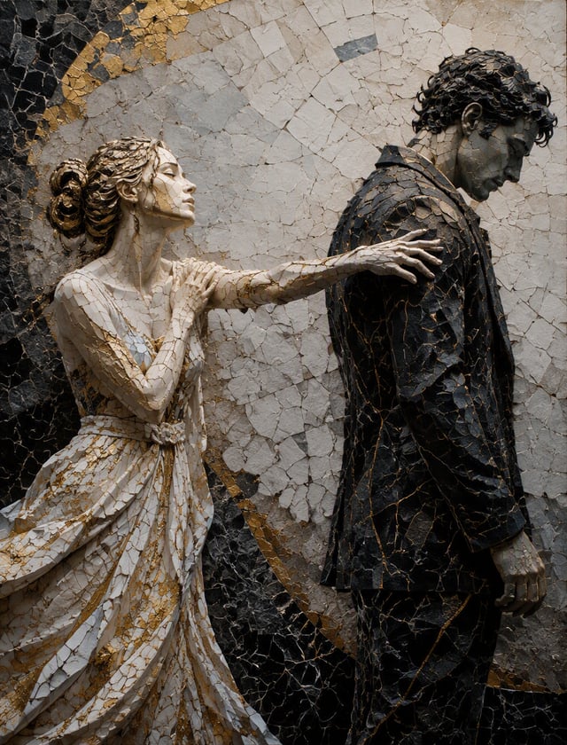 A captivating digital sculpture portrays a poignant scene between a man and woman, both constructed 