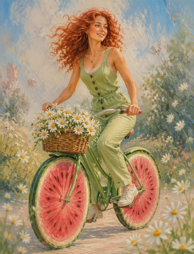 "The carefree, attractive adult woman with curly red hair and beautiful, refined features depicted i
