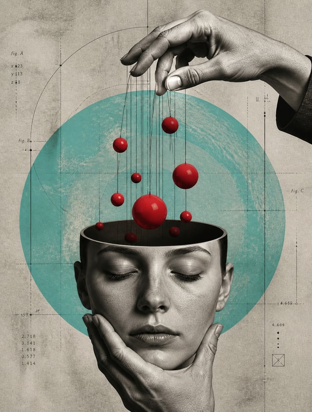 A surrealist digital collage depicts a human head with the cranium removed, revealing a hollow inter