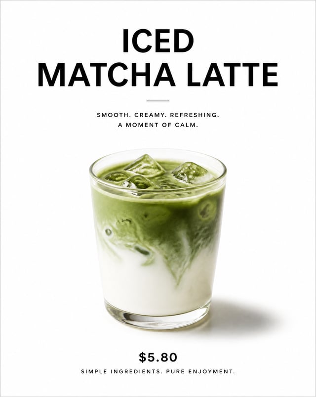 Create a minimalist 4:5 café product poster with a pure white background and black typography. Use t