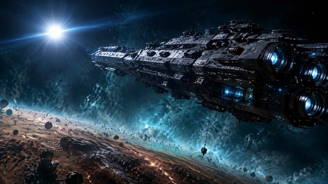 A cinematic, ultra-detailed wide-angle concept art photograph of a colossal, heavily armored militar