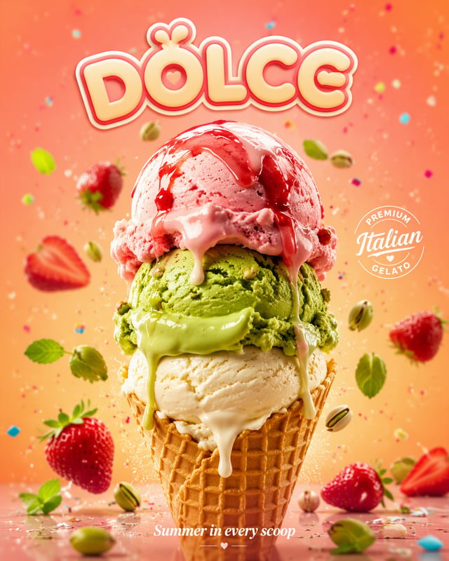 Create a vibrant premium ice-cream advertising poster for a fictional gelato brand "DOLCE". FORMAT: 