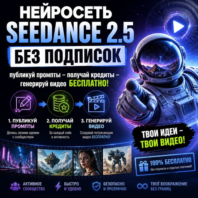 создай рекламный постер на русском языке на тему: "Нейросеть SEEDANCE 2.5 БЕЗ ПОДПИСОК. публикуй про