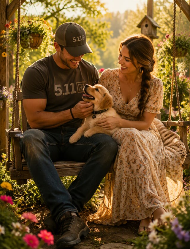 In a serene garden illuminated by golden afternoon sunlight, a couple sits lovingly on a gentle wood