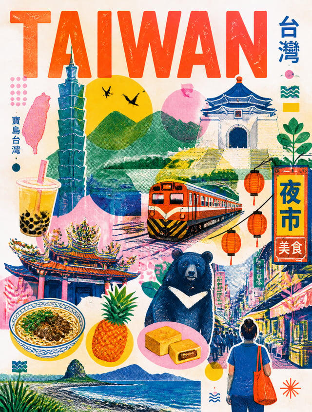 Create a stylish modern travel poster inspired by risography about TAIWAN. Use simplified illustrate