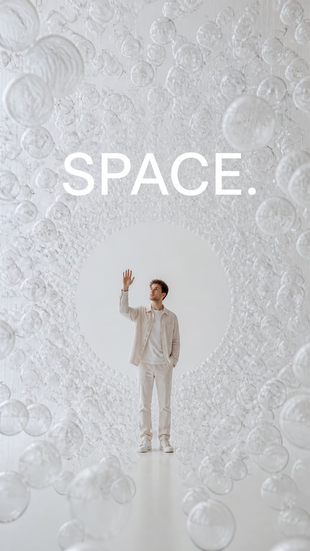 Premium editorial campaign. Main Subject: Young man inside a vast white room filled with hundreds of