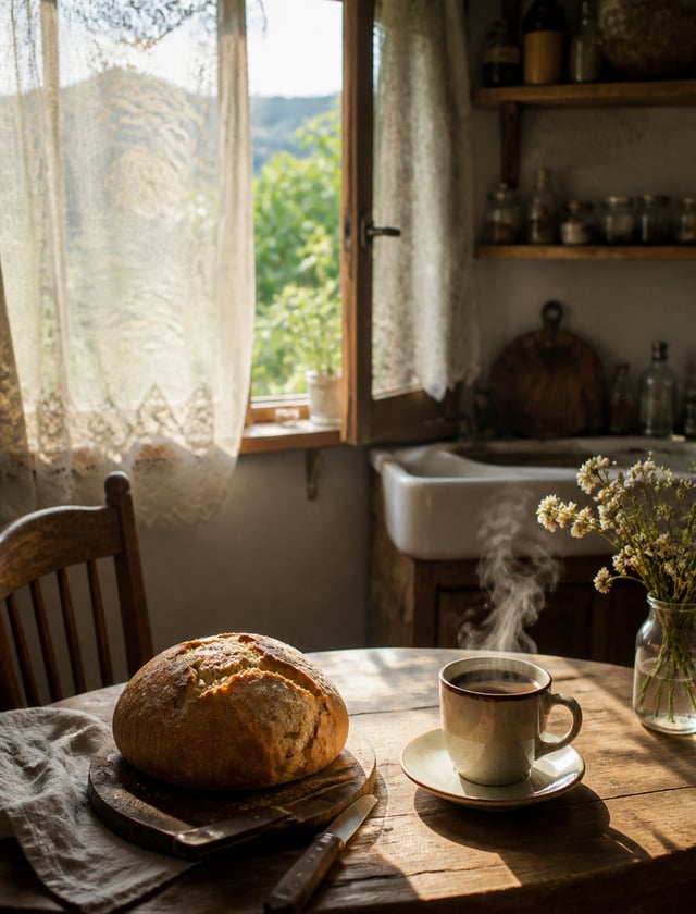realistic photo, a small rustic kitchen, morning light, loaf of fresh bread on wooden table, steam r