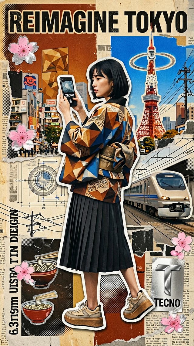 Core Style & Subject: A complex, high-end editorial mixed-media collage travel poster for 'REIMAGINE