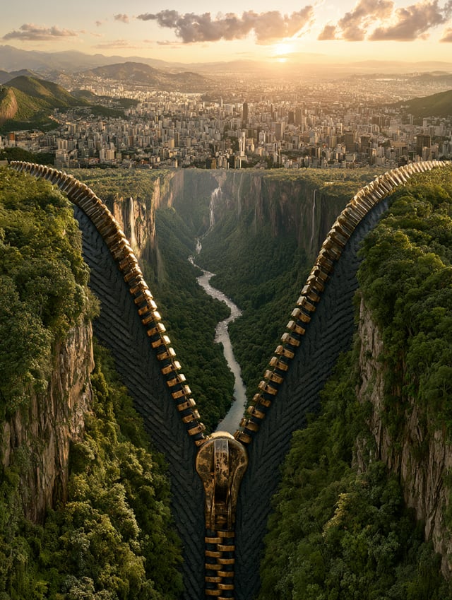 A hyper-realistic, surreal digital artwork depicting a fantastical landscape where a zipper is unzip