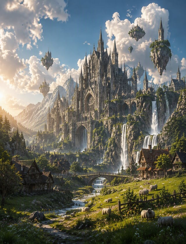 A grand Gothic-fantasy citadel rises from a jagged central rock pinnacle, its cathedral spires, orna