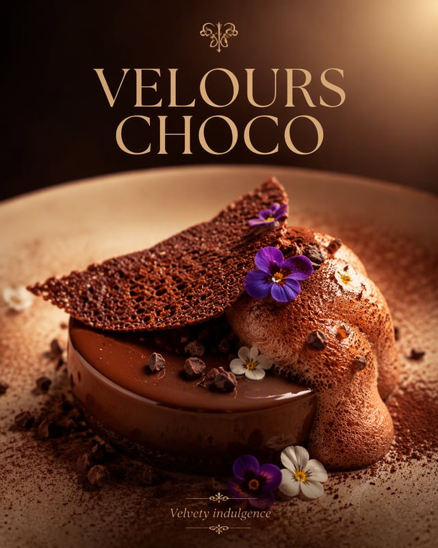 Create an ultra-premium dessert advertising poster for a fictional café "VELOURS CHOCO". FORMAT: 4:5