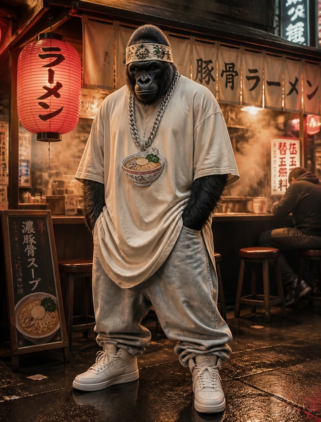 A hyper-realistic anthropomorphic silver back gorilla wearing an oversized ivory tall tee extending 