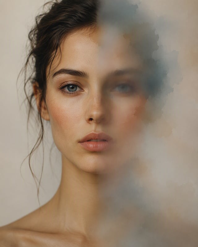 Create an experimental 4:5 portrait where a single woman's face appears both sharp and blurred — one