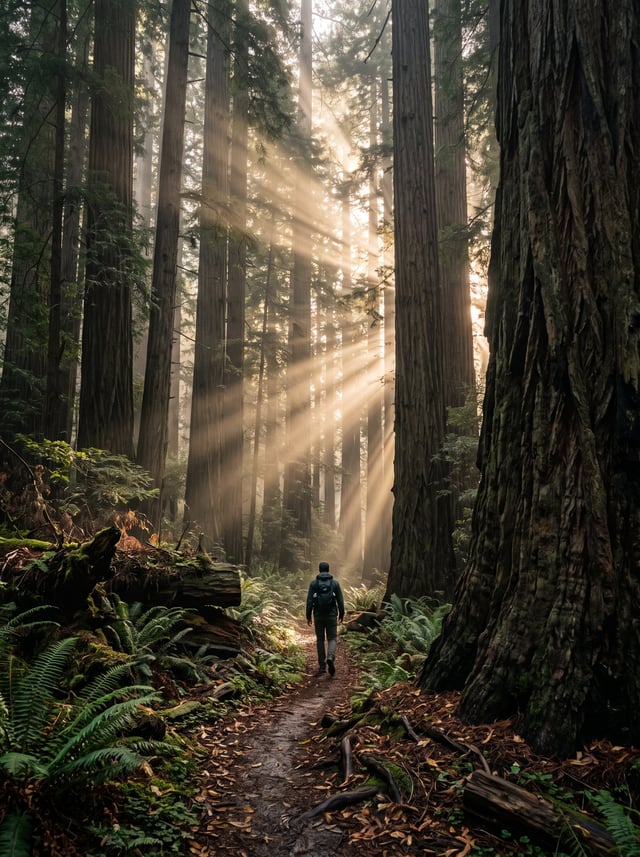 A solitary hiker walks along a narrow, leaf-strewn trail through an immense old-growth redwood fores