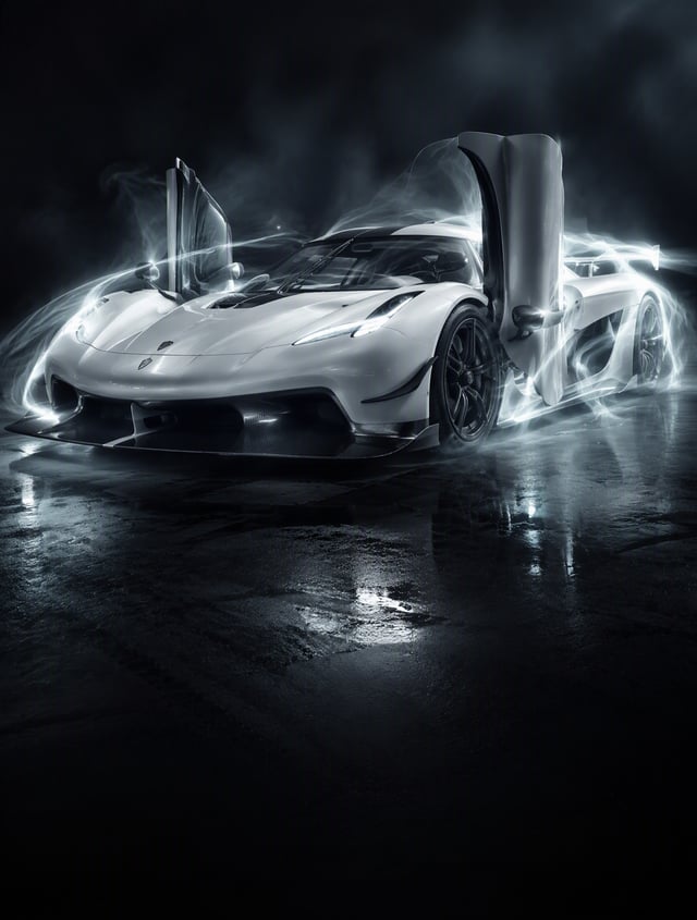 A high-quality automotive poster of a Koenigsegg hypercar in matte pearl-white paint with a "ghost" 