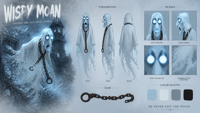 Create a premium cinematic character bible sheet for a ghost named WISPY MOAN. Use the uploaded char