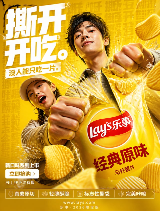 FORMAT:4:5 竖版超商业感零食 campaign 海报，超高分辨率（8K），户外大牌 + 社交媒体广告级出品Style: bold FMCG 广告 × 现代薯片 campaign × 高能量商