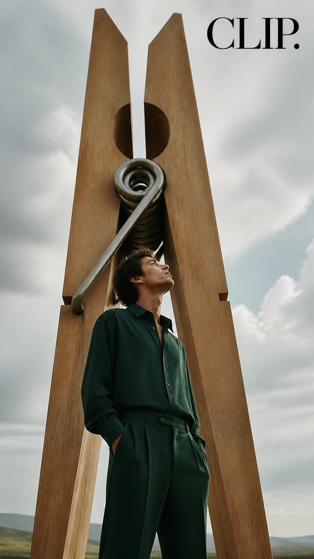 Create a premium 9:16 conceptual fashion campaign.Main Subject: Young male model wearing a dark gree