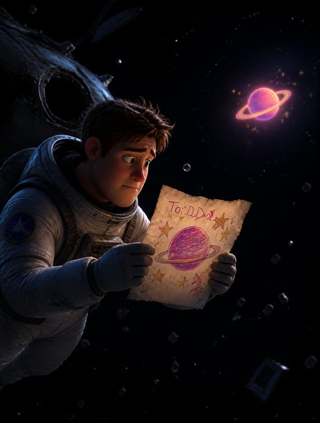 A young astronaut floats alone outside a broken spaceship, holds a hand-drawn map of stars made by h