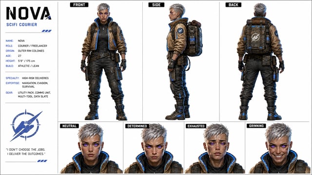Create a professional character reference sheet for an original Sci-Fi Courier named 'NOVA'. The cha