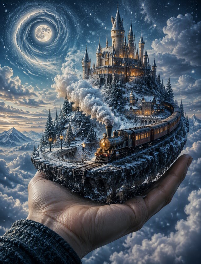A surreal and enchanting scene, featuring a hand holding a miniature island with a steam train and a