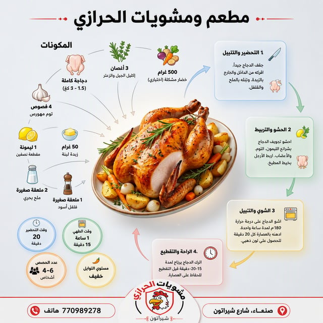 وضع العنوان الرئيسي على الصورة: «مطعم ومشويات الحرازي»، وتحويل جميع الكتابات إلى اللغة العربية، وتصح