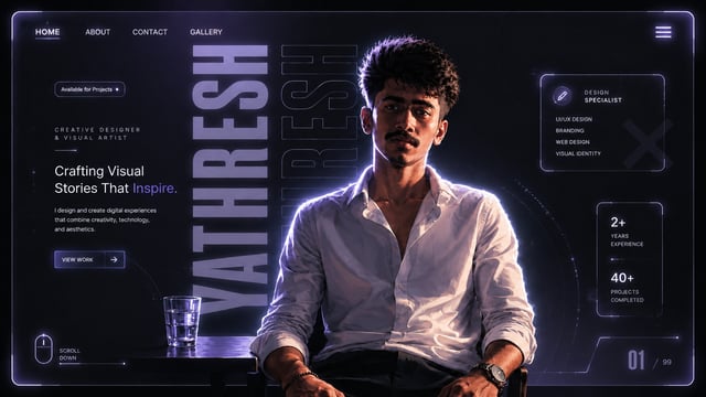 A young male creative designer sits confidently at a dark desk in the foreground, wearing a loosely 