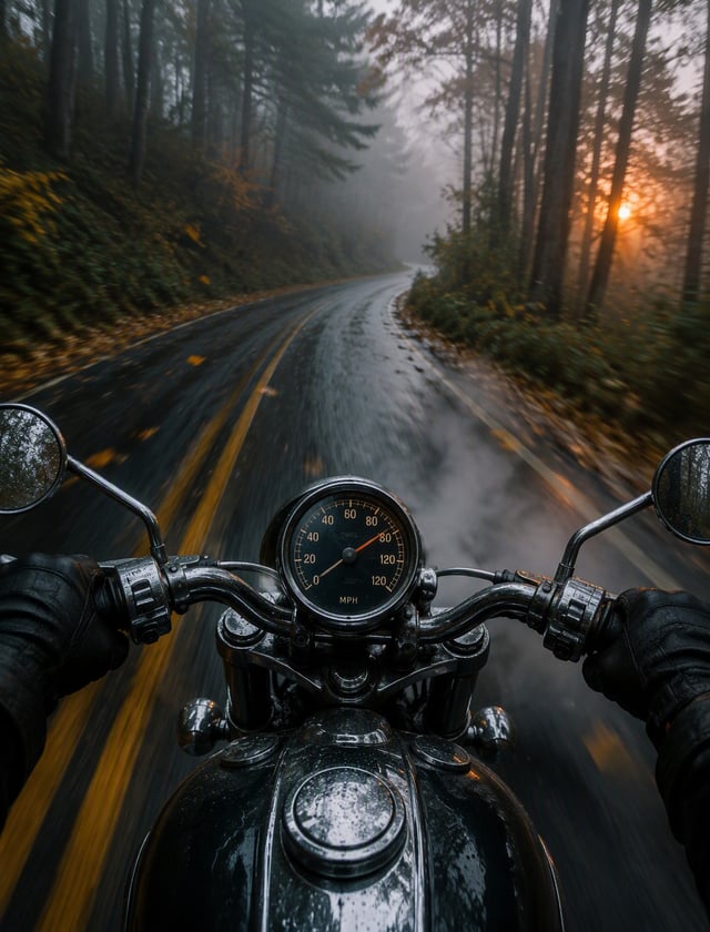 A photograph captures a first-person perspective of worn, black leather gloves tightly gripping the 