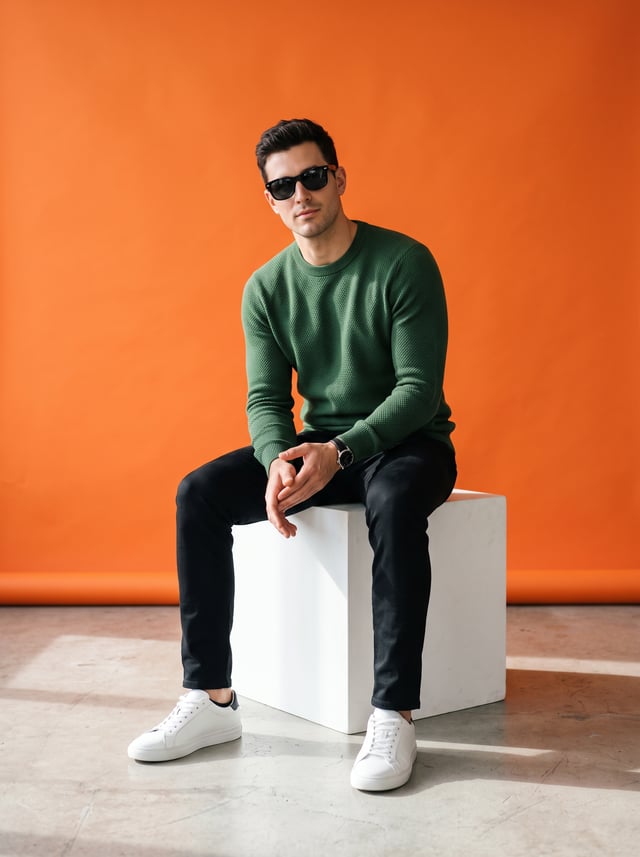 A stylish male model sitting on a white cube in a minimalist studio with a vibrant orange background