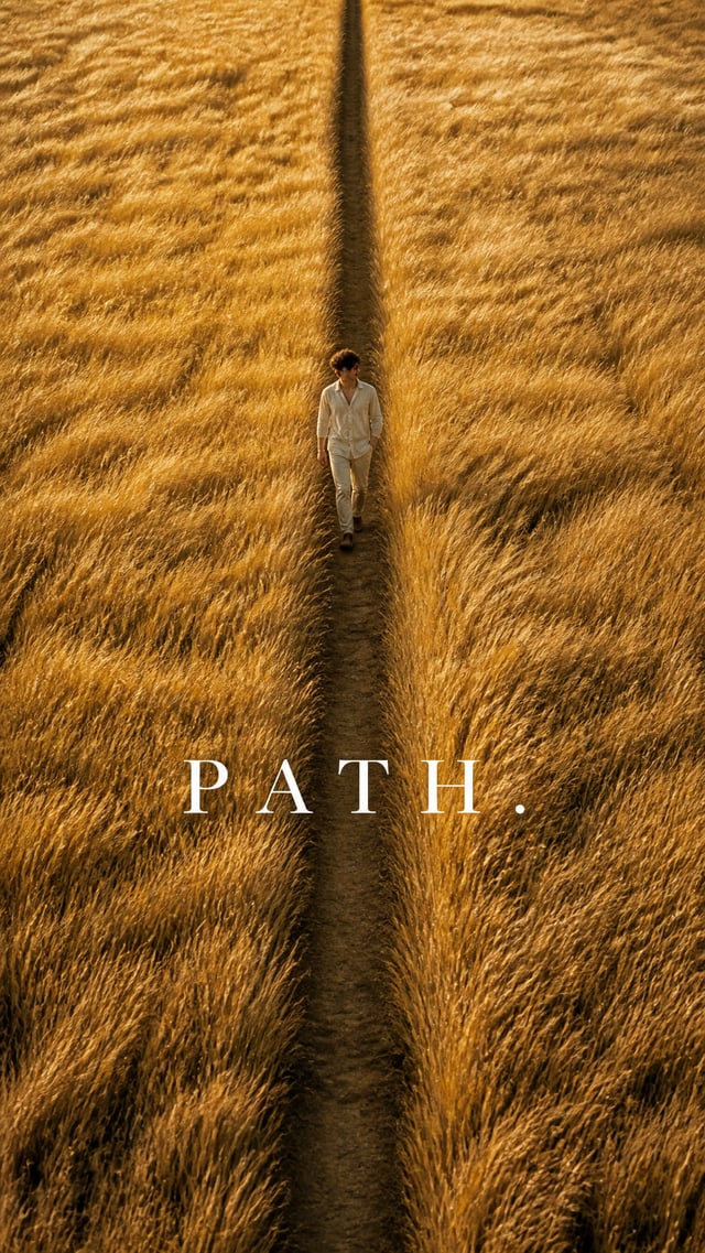 Premium editorial campaign.Main Subject: Young man walking through a vast field of tall golden grass