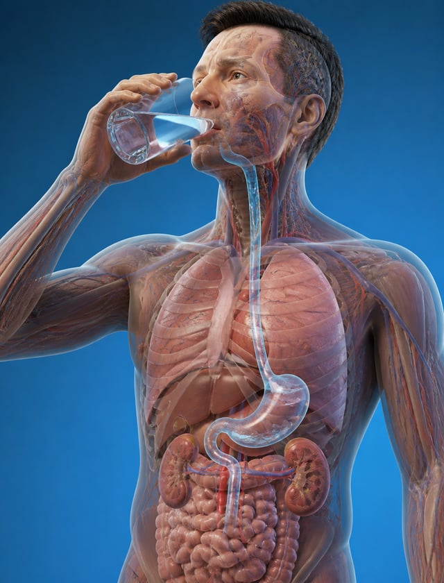 A hyper-realistic 3D-rendered anatomical video of a human male with translucent human skin, organs v