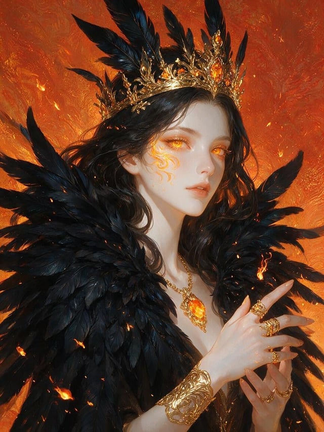 A regal queen with glowing amber eyes and ethereal flame-like markings on her cheek stands against a