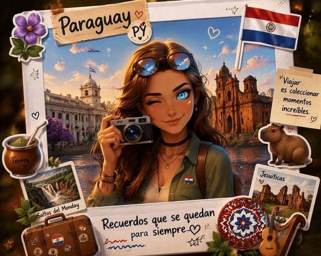 Crea una adorable ilustración Polaroid animada en 3D con temática de viajes de un personaje. Colócal