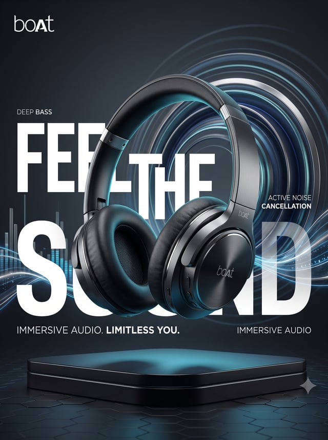 Create a premium futuristic commercial advertising poster for boAt featuring a premium over-ear wire