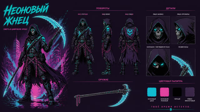 Create a premium cinematic character bible sheet for a villain named NEON REAPER. Use the uploaded c