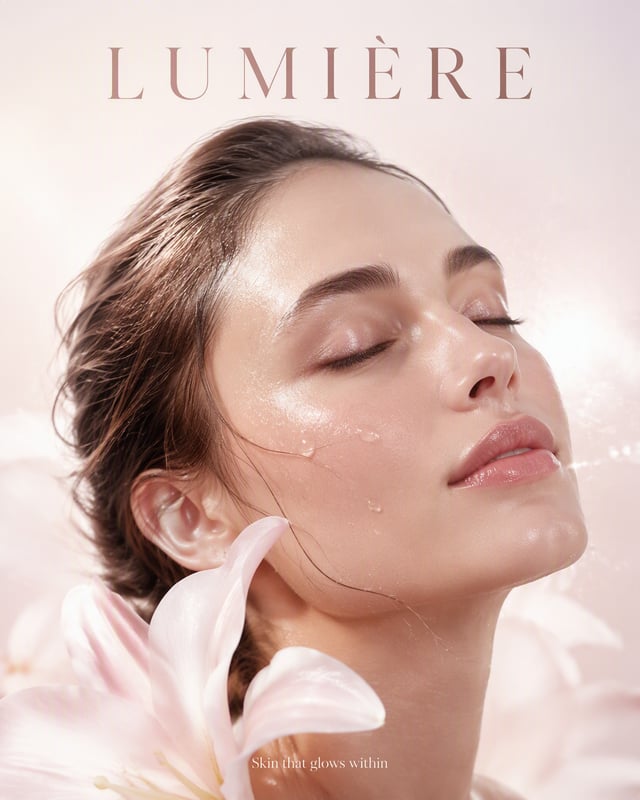 Create an ultra-realistic luxury skincare campaign portrait poster for a fictional brand "LUMIÈRE". 