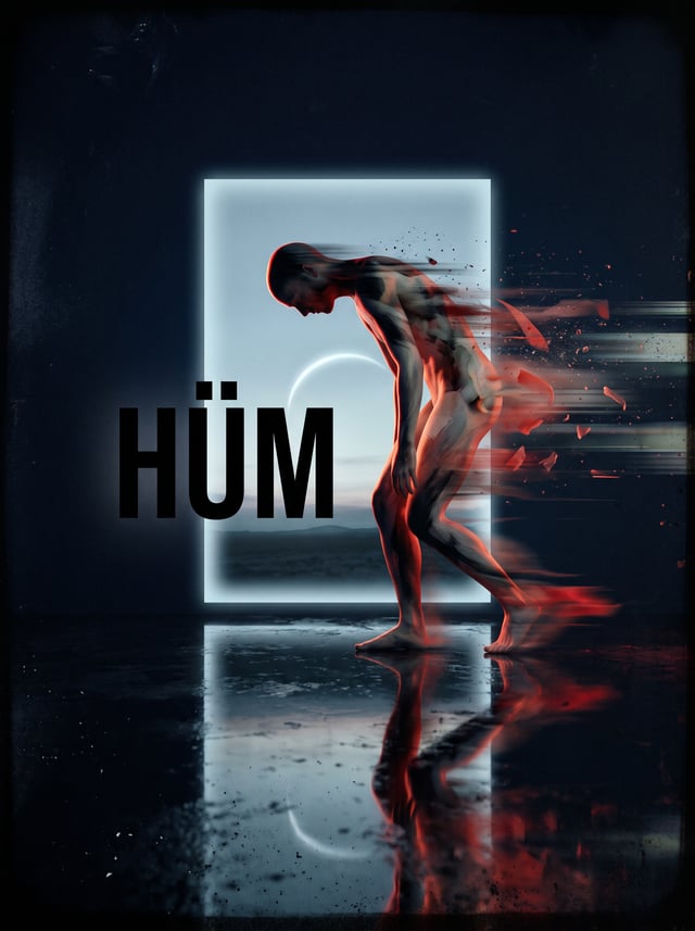 A surreal editorial album-cover composition presents a distorted human figure hunched forward in pro