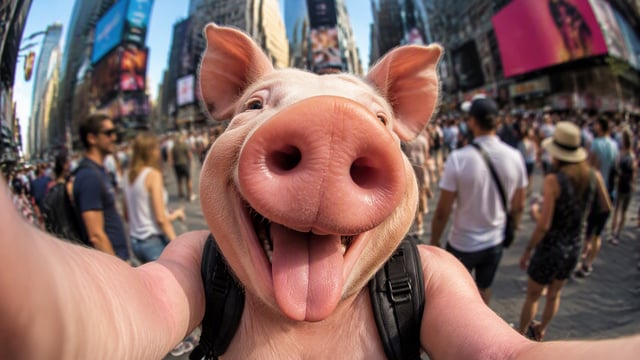 A digital wide-angle close-up image of a whimsical, anthropomorphic pig in New York City. The pig is