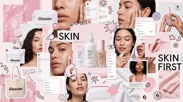 Editorial moodboard collage for Glossier brand identity, featuring a dense, layered, and intentional