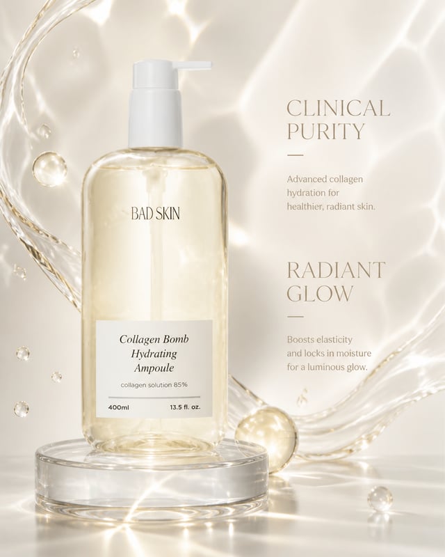 (Luxury clinical skincare advertisement), (minimalist white and pale gold theme), clear apothecary-s