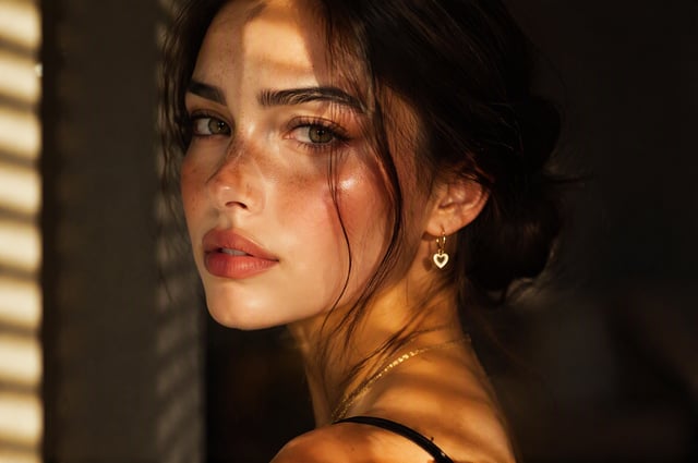 A hyper-realistic fashion portrait of a striking young woman captured in a close-up shoulder-up comp