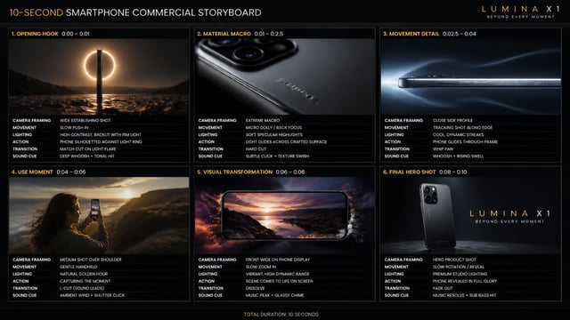 Create a 10-second cinematic product commercial storyboard for смартфона. Include six timed shots: o