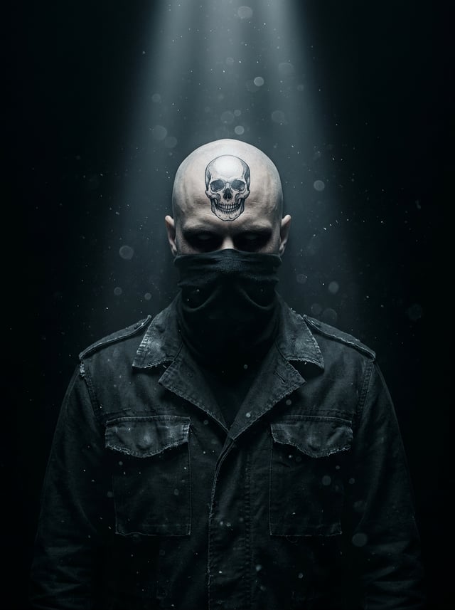 A bald, masked figure stands rigidly against a near-black void, head bowed beneath a stark skull tat