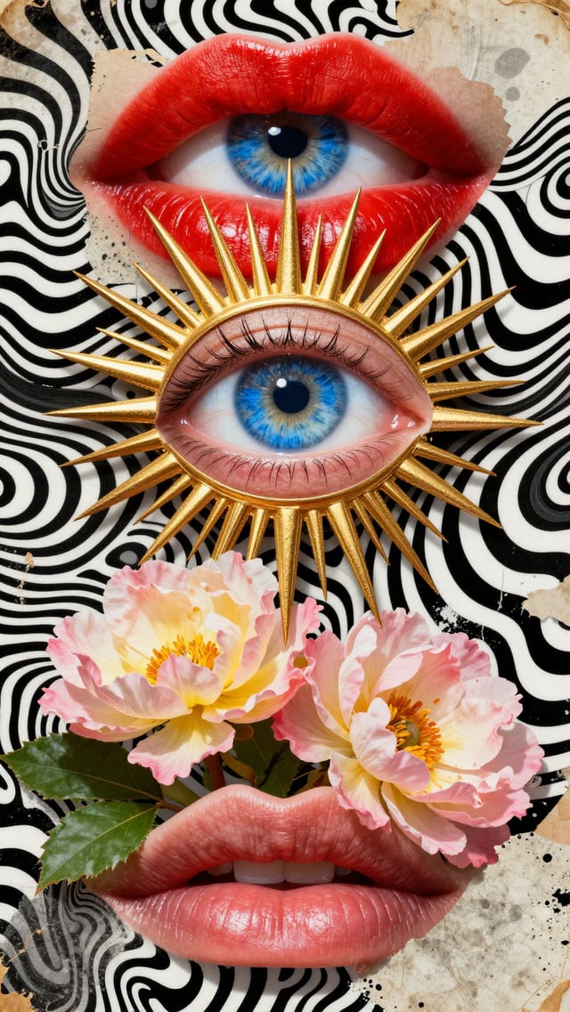 Surreal digital collage art style featuring a vertical composition of disjointed anatomical and natu