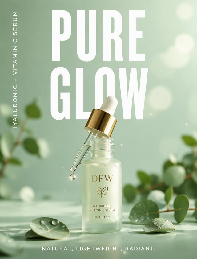 A premium vertical product poster for a fictional natural skincare brand "DEW". Center a single fros