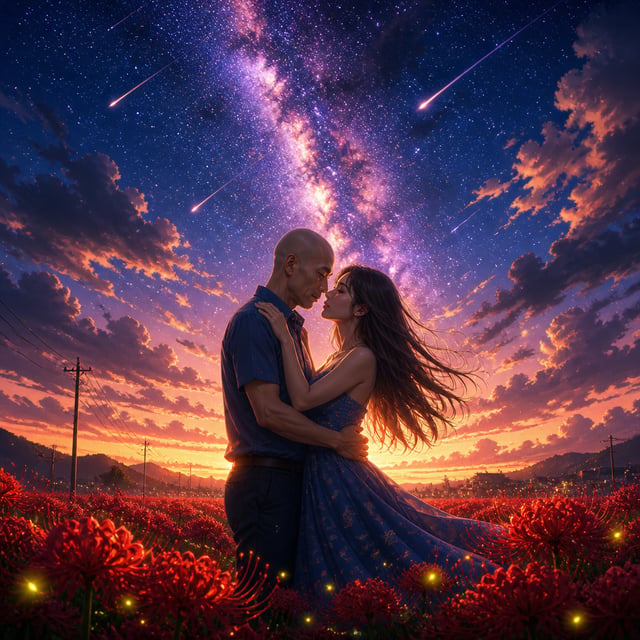 Image Description: A Celestial RomanceThe image features a breathtaking, anime-inspired digital illu