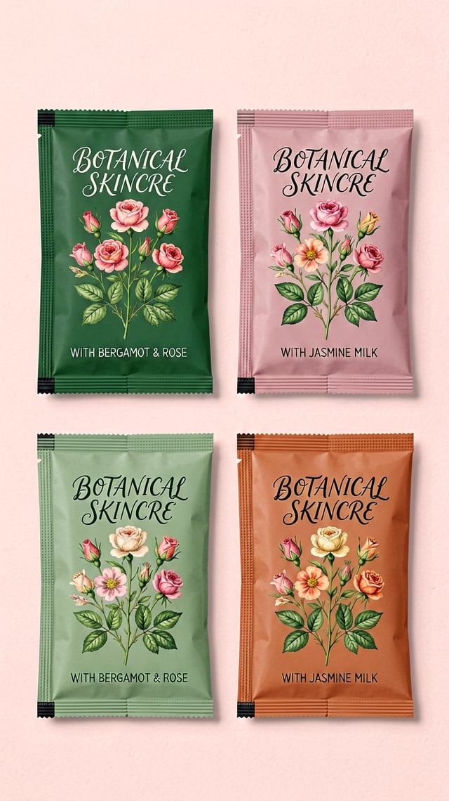 A product mockup shot of four flat botanical sachet packets arranged neatly on a soft pastel backgro