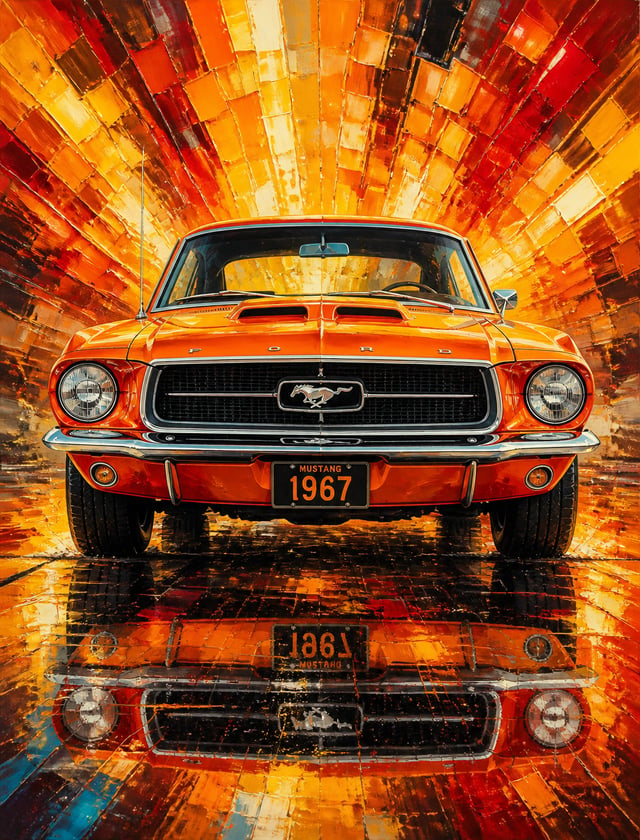 Create a vibrant and dynamic painting of a classic 1967 Ford Mustang. The car should be painted in a